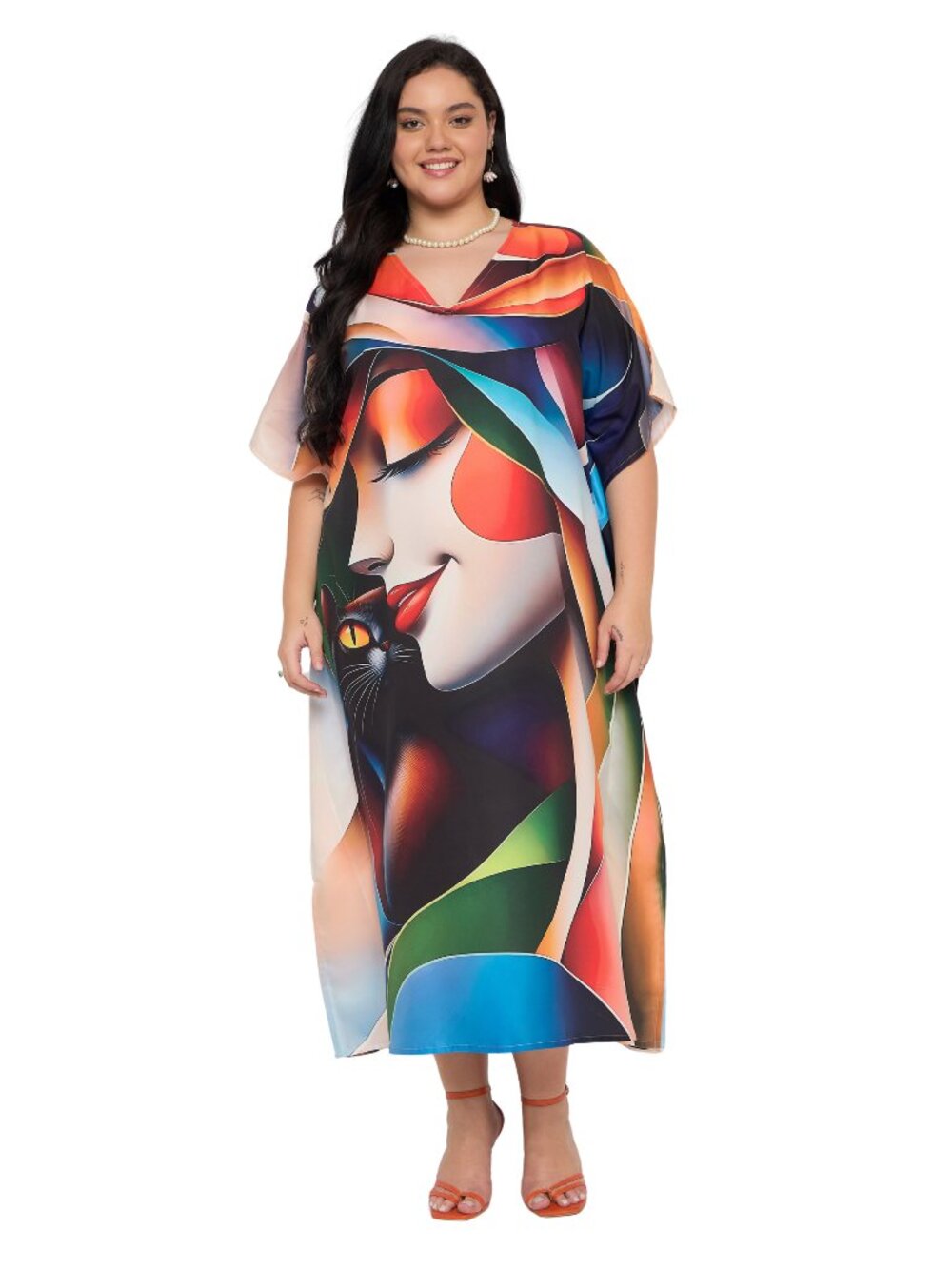 Plus Size Multicolor Abstract Woman & Cat Print V-Neck Midi Kaftan Dress